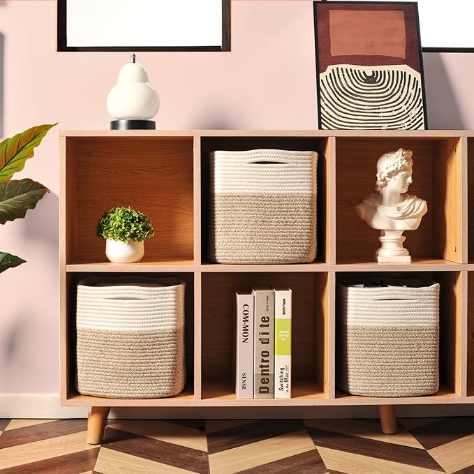 11 Inch Cube Storage Bins, Organizer Woven Cotton Rope Square Baskets - Image 2