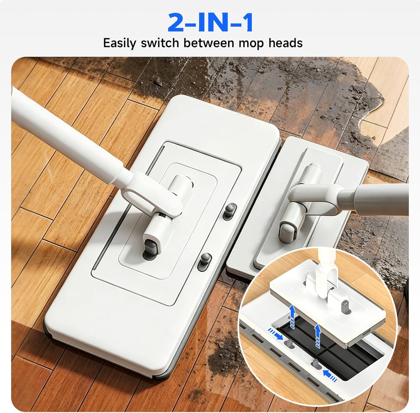 New 2-in-1 Push Clamp Lazy Mop – Hands Free Flat Mops, Quick Mopping & Sweeping, Compatible with Most Pads, Adjustable Handle, Perfect for Homes with Kids & Pets, 10 Dust Cloths(Large Flat Mop)