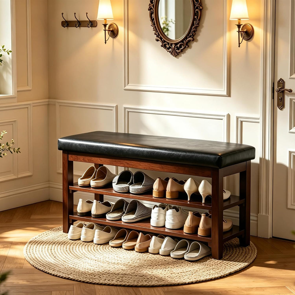 40" Shoe Bench with Leather Cushion, Upholstered Entryway Bench, Black