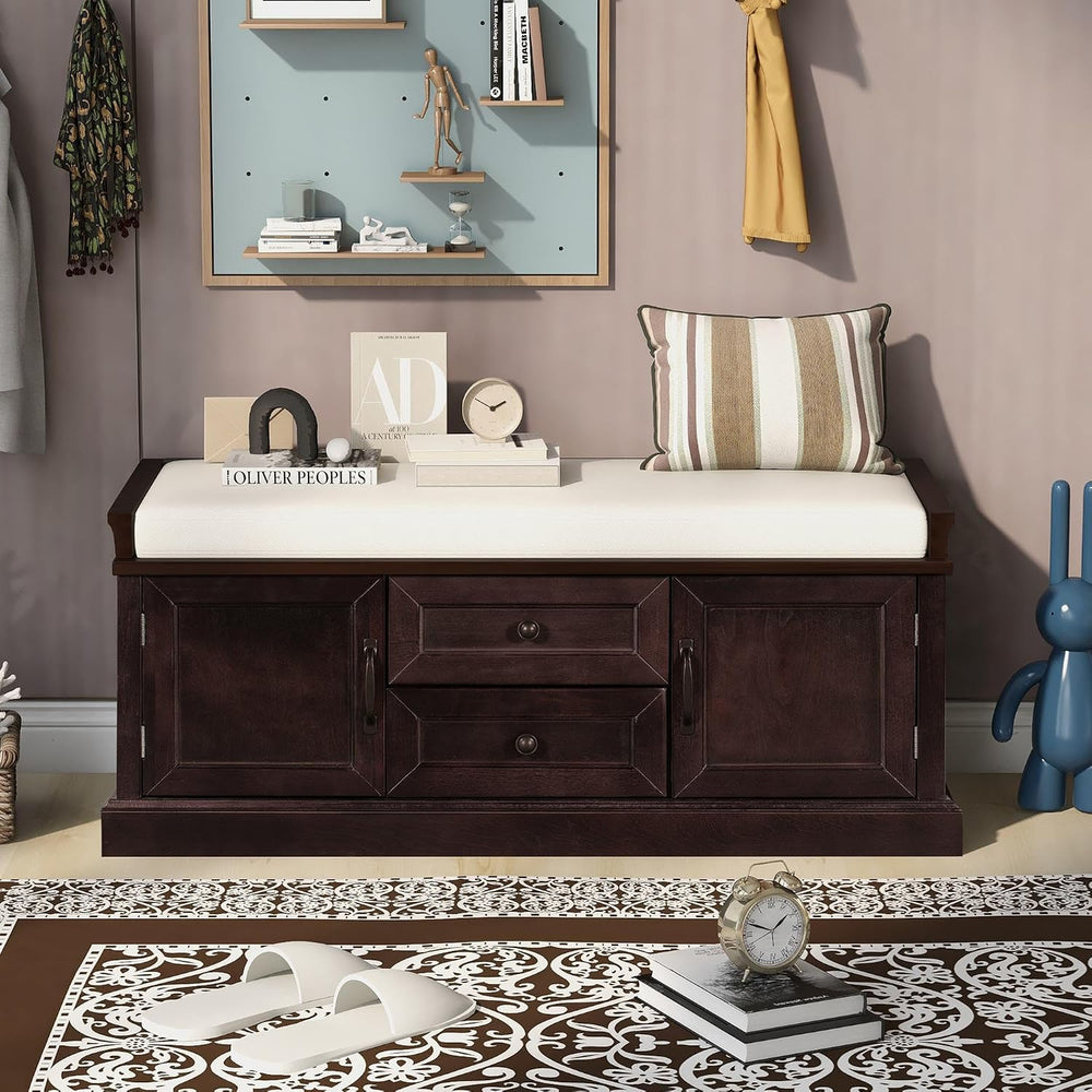 GDFStudio Rustic Storage Bench with 4 Doors 2 Draws Adjustable Shelves Remova...