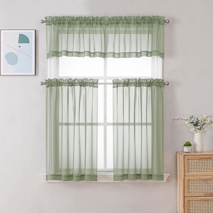 Chyhomenyc Sage Green Sheer Curtains 36 Inch Length, Short Voile Sheer Window - Image 2