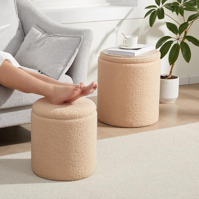 Boucle Round Ottoman with Storage Set of 2, Small Foot Stool Ottoman - Image 8
