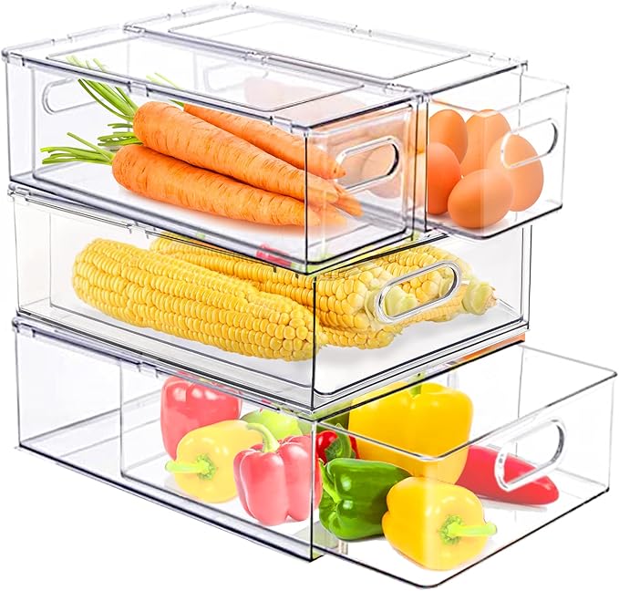 4 Pack Clear Storage Drawer Set, Stackable Fridge Drawer Organizer Fruit by bealy