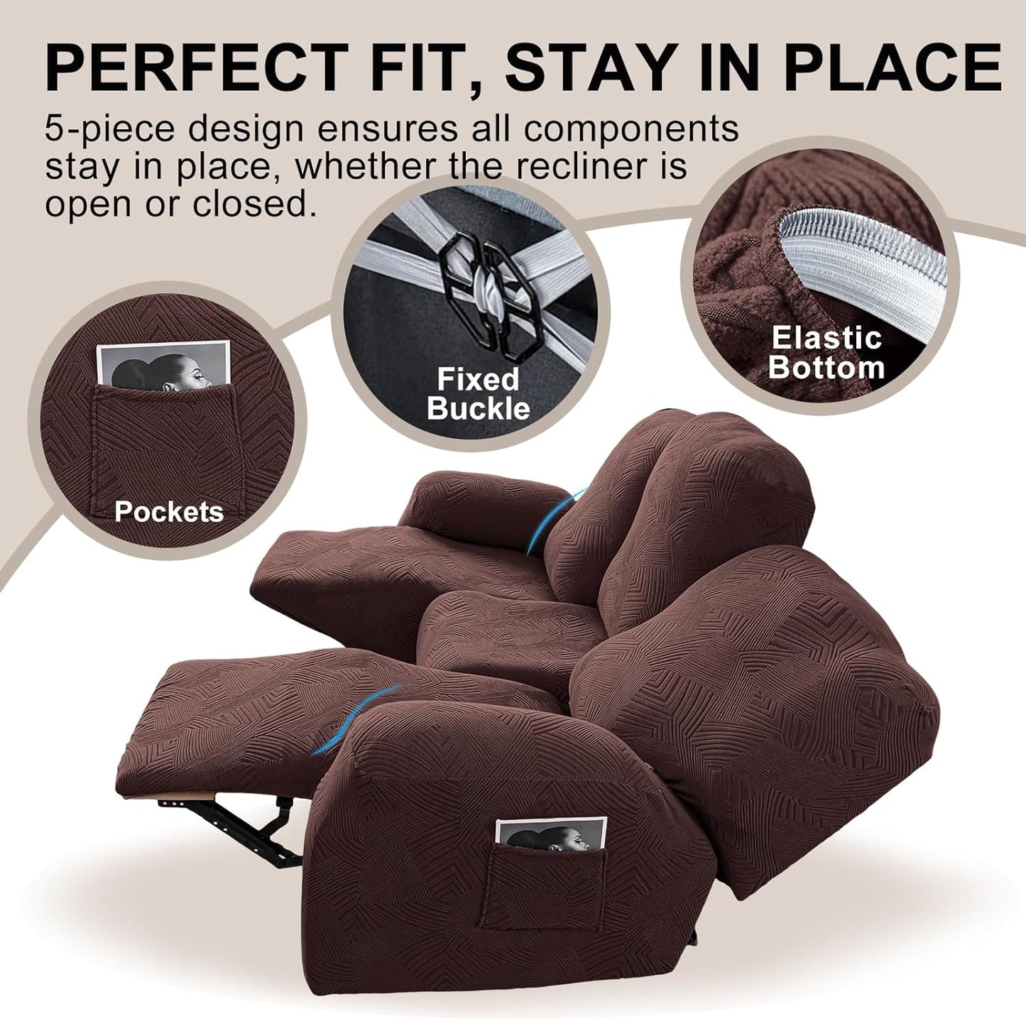 5-Piece Recliner Sofa Covers,Stretch Geometric Strokes Jacquard Recliner Sofa Slipcovers,Seamless Furniture Protector with Pocket,Soft Breathable Couch Cover,3 Seater Chocolate