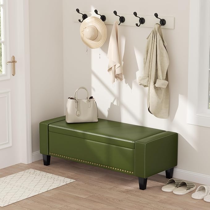 48.8" Storage Ottoman Bench Green | Faux Leather Bedroom Bench - Image 8
