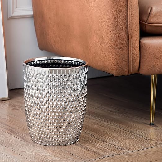 Modern Round Silver Small Trash Can Wastebasket, Garbage Container Bin - Image 3