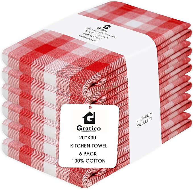 Christmas Kitchen Towels Set of 6 Red/White Checks, Reusable Cotton 20X30 by Gratico