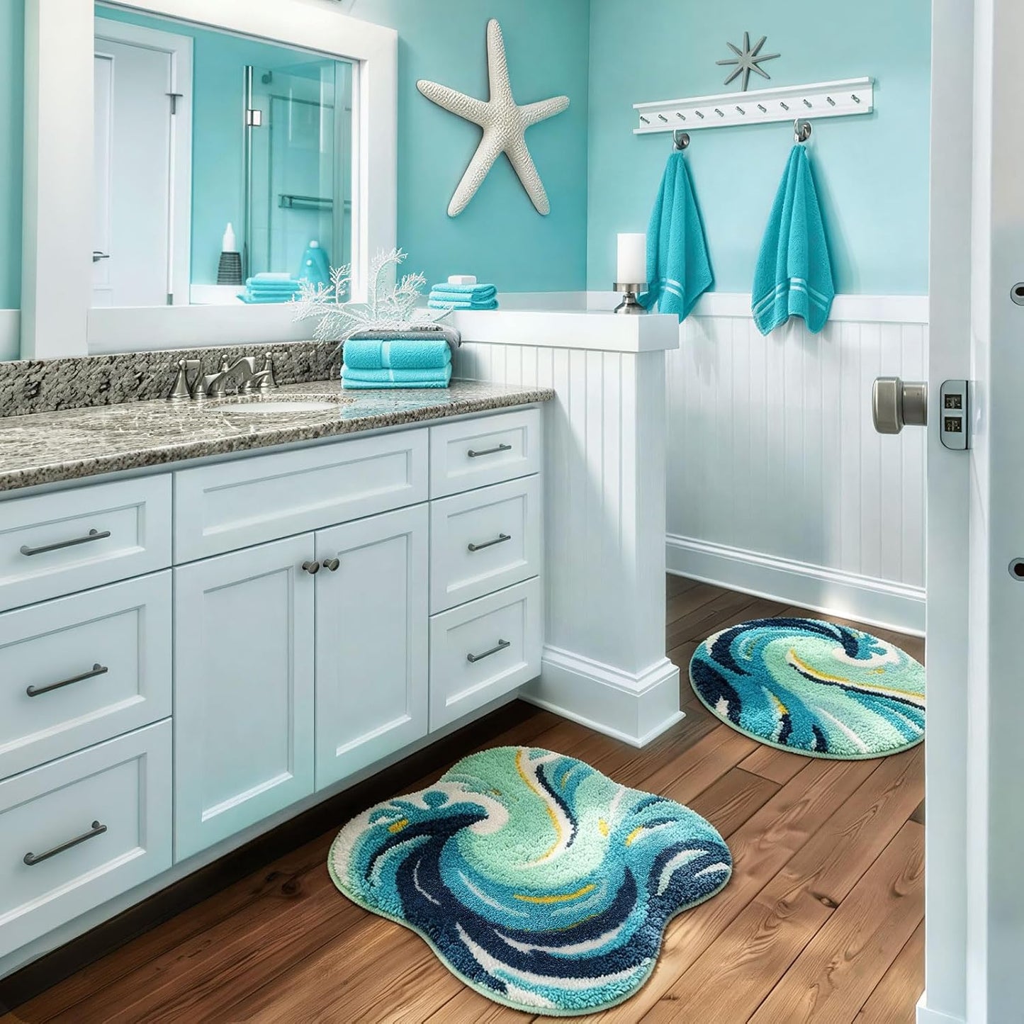 Percozzi Ocean Wave Bath Rug 32 x 20 Inch, Coastal Tufted Bathroom Mat with Non-Slip TPR Backing, Soft Plush Absorbent Machine Washable Bath Rug, Beach House Ocean Decor Rug for Bathroom Bedroom