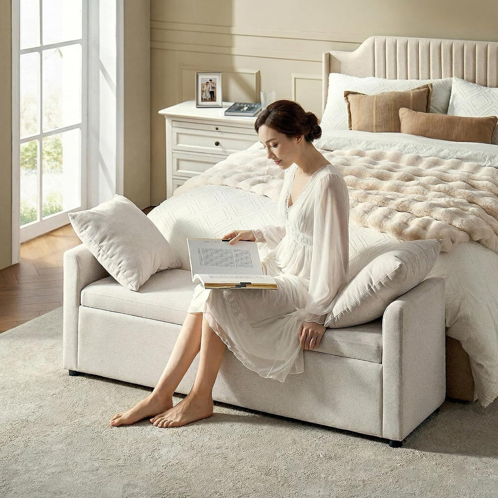 HULALA HOME 59" Storage Bench with 2 Throw Pillows & Armrests, Linen