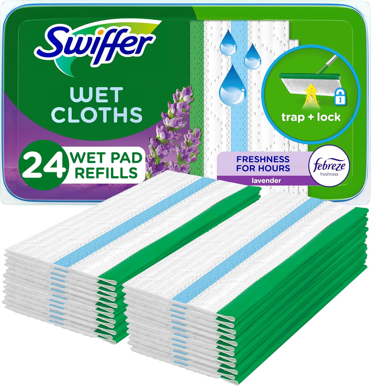 Swiffer Sweep + Mop, Wet Pads Refill, Floor Cleaner for Dirt, Dust, Hair, Cleaning Cloths for Mopping Home, Bathroom, Kitchen, All Purpose Multi-Surface Floor Wipes, Lavender, 24ct
