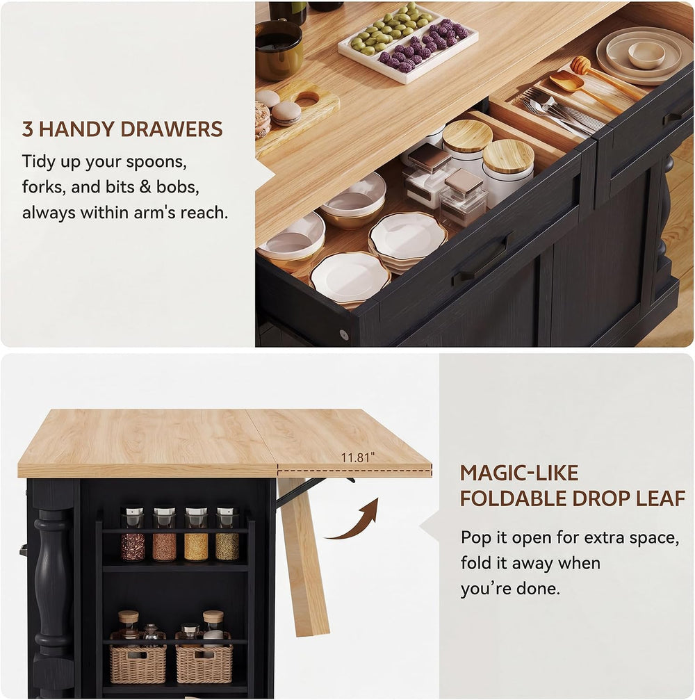 48" Kitchen Island with Trash Can Storage & Drop Leaf, Traditional