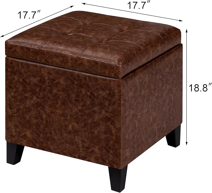 Adeco 18" Storage Ottoman Foot Rest Stool, Walnut Leather Ottoman - Image 3