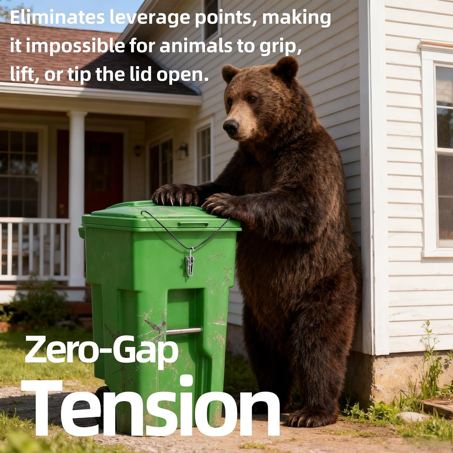Animal Proof Trash Can Lock, 304 Stainless Steel Tension Latch for Raccoon & Bear Prevention, Universal Fit for 20-100 Gallon Outdoor Bins