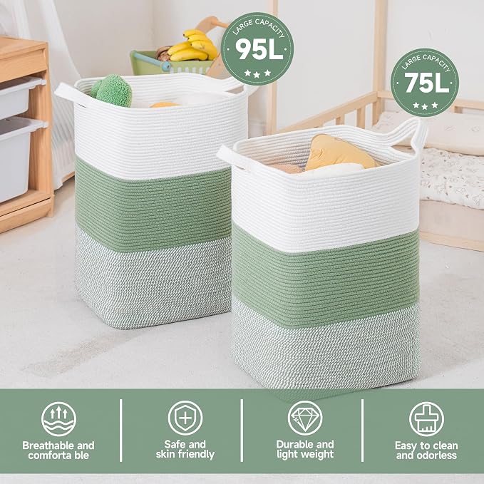 CLHMILY&Z 95L Laundry Basket Rectangular Green Rope - Image 5