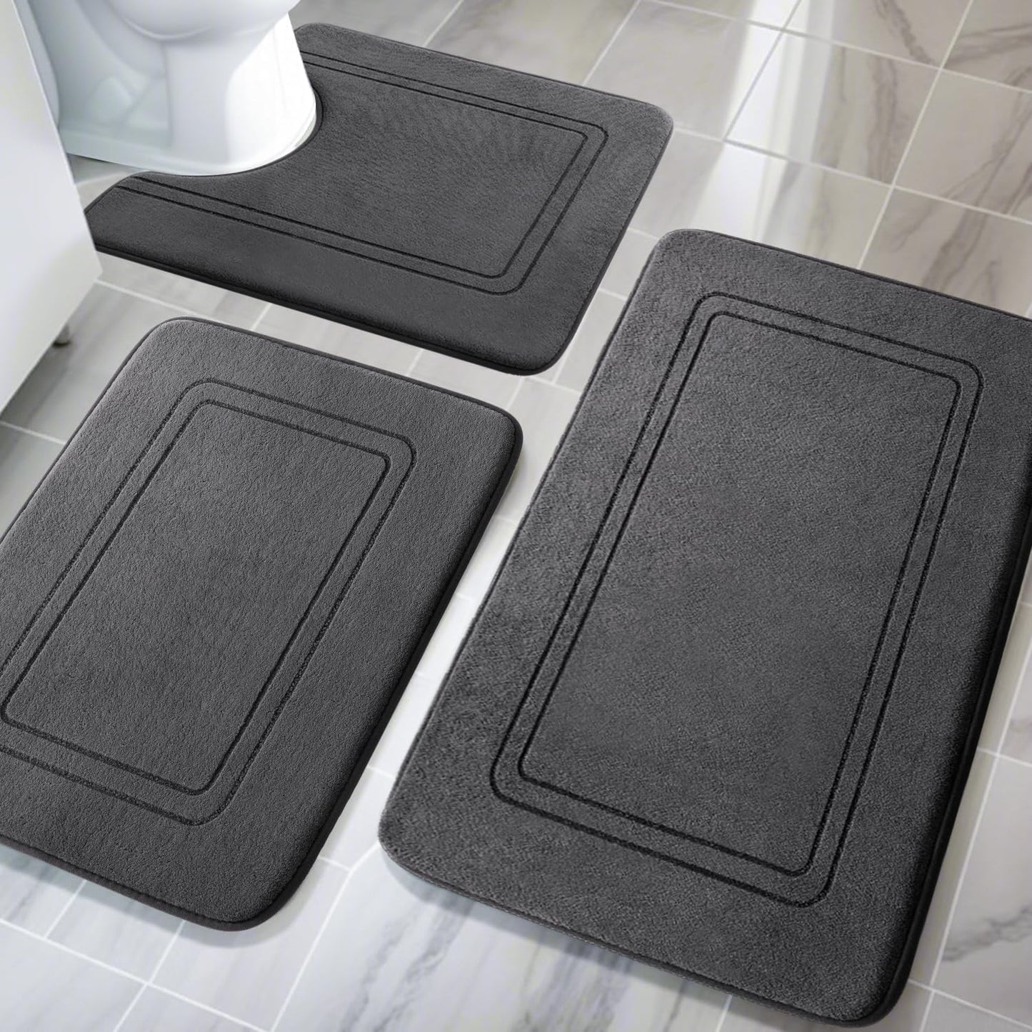 YIHOUSE Memory Foam Bath Mat Set, Non Slip Bath Mats for Bathroom, Super Soft and Water Absorbent Bath Rug Set, Machine Washable U Shape Toilet Mats, Dark Grey