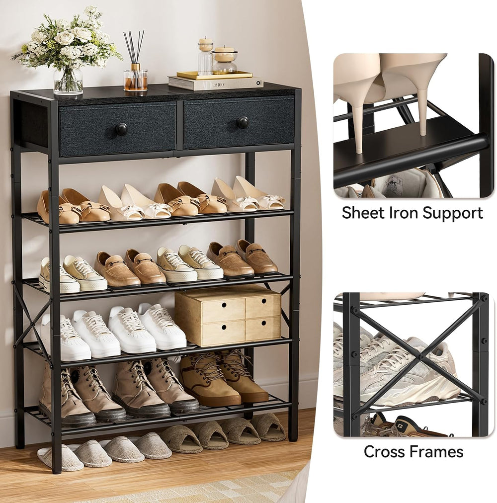 5 Tier Shoe Rack with 2 Drawers, 16-20 Pairs Black Grey