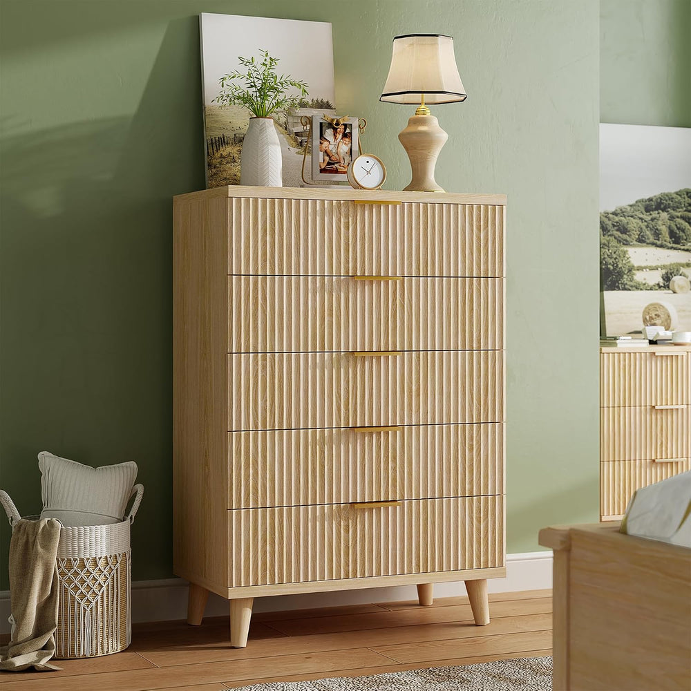Wood Tall 5 Drawers Dresser, 27.6" W Fluted Modern Dressers for Bedroom