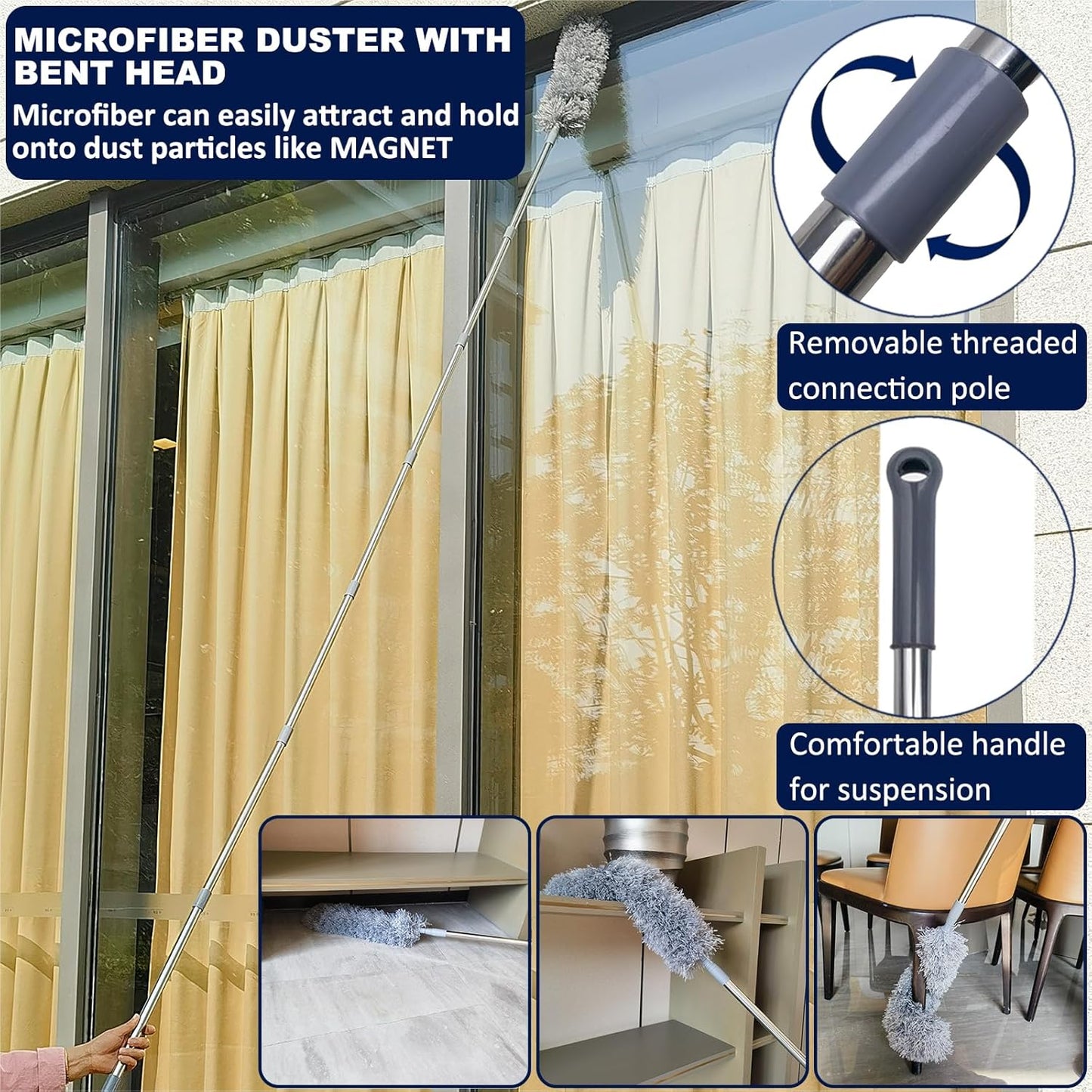 20+ Ft High Reach Ceiling Fan Duster & Cobweb & Corner Brush Duster with 3-14 ft Spliceable Pole Microfiber Feather Duster for Spider Web, High Ceiling, Blinds, Furniture Cleaning Tool Kit