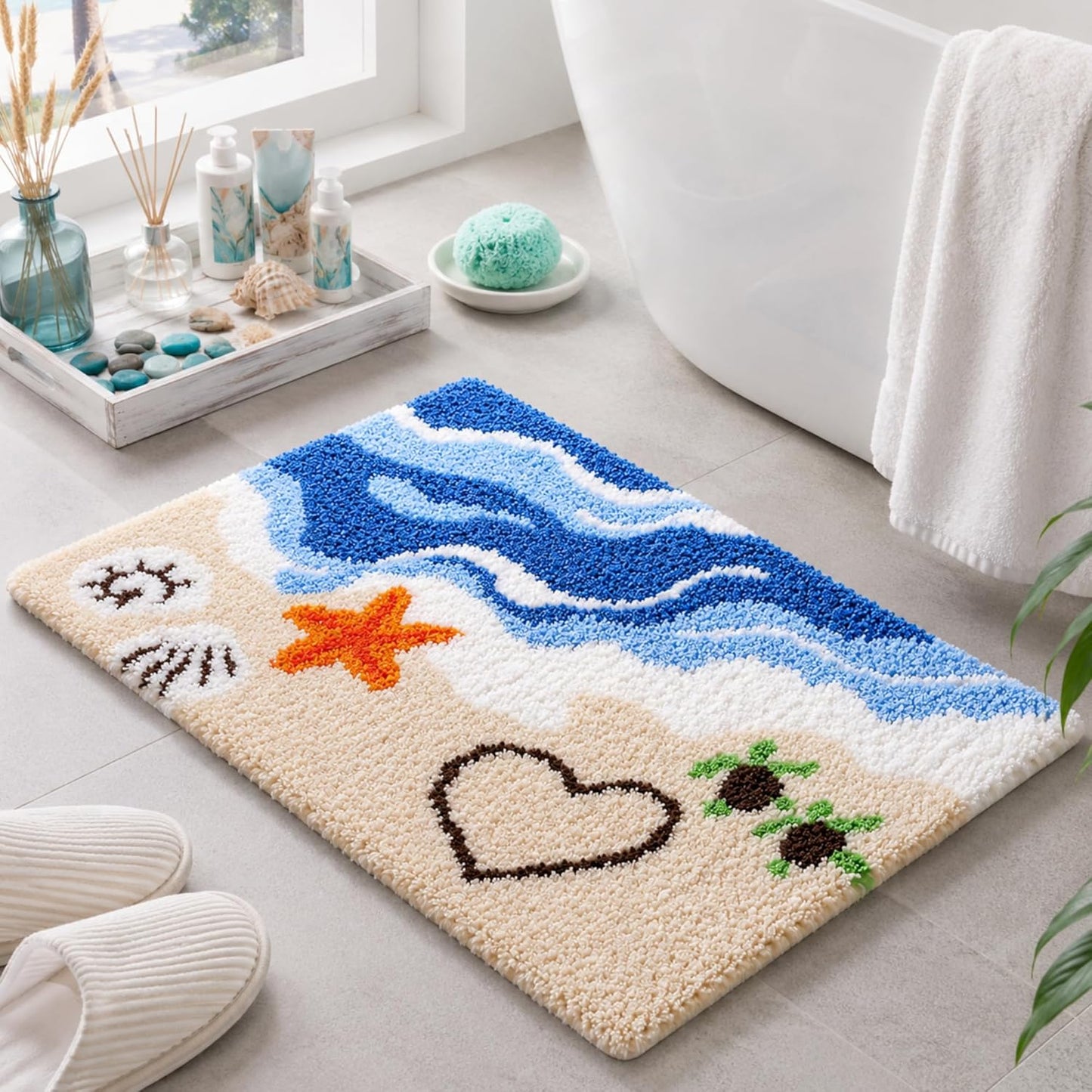 Coastal Bathroom Rug Beach Wave Bath Mat Nautical Cute Sea Turtle Starfish Shell Bathmat Summer Non Slip Washable Microfiber Shower Carpet for Bathroom, Kitchen and Entryway Decor, 18"x26"