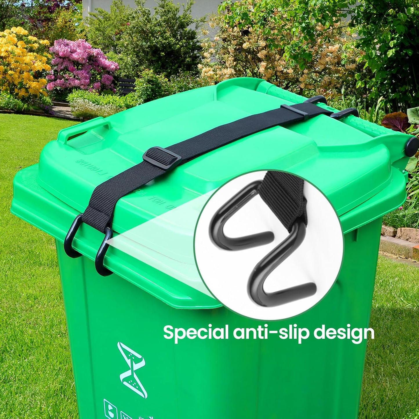 Metal Non-Slip Double Claw Trash Can Lid Lock, Adjustable Animal-Proof & Windproof Garbage Can Lock, Universal Fit for 28-96 Gallon Outdoor Bins 2-pack