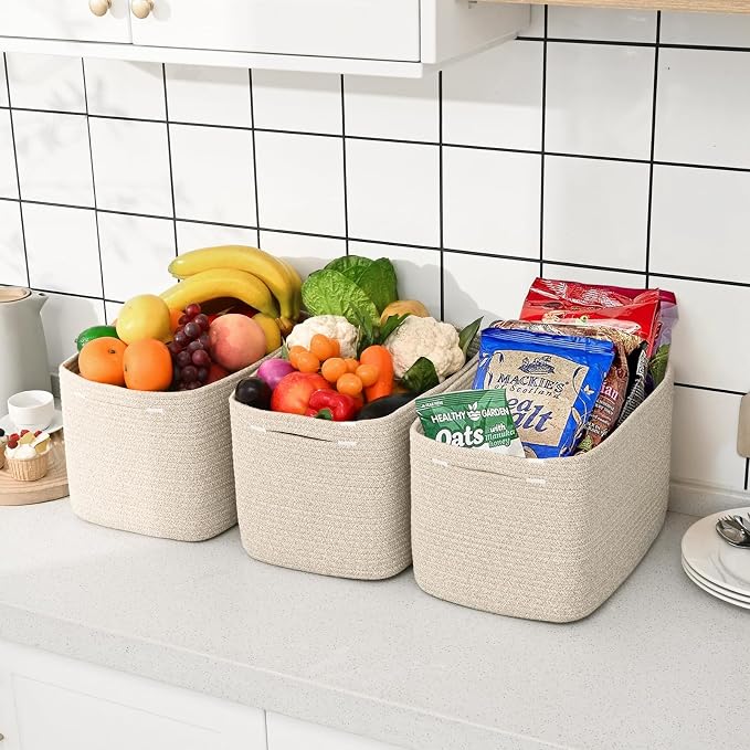 3-Pack Shelf Baskets for Organizing, Woven Storage Basket for Shelves, Cotton