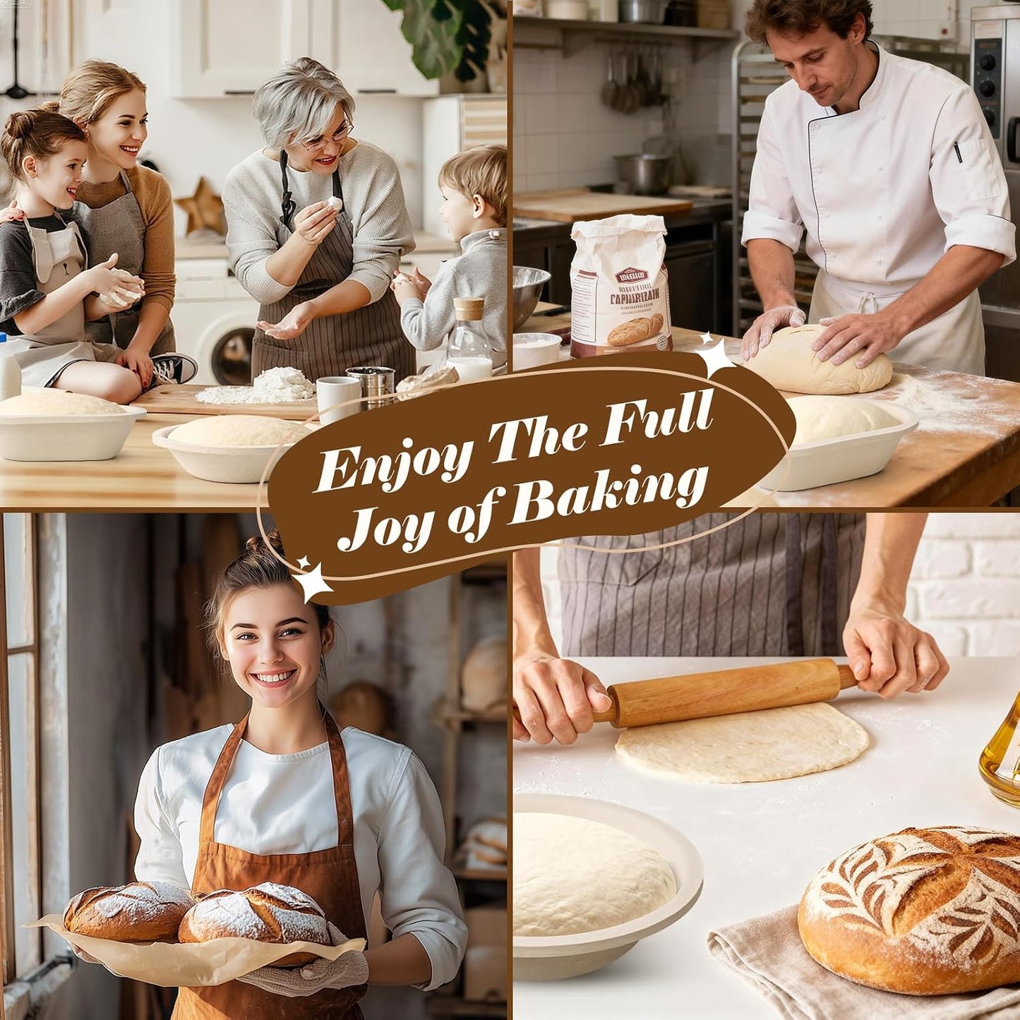 Non-Stick Wood Pulp Banneton Bread Proofing Basket Set With Aliquot Jar, 9" Round & 10'' Oval Sourdough Banneton Basket Kit, Bread Making Tool Sourdough Starter Kit with Proofing Bowl