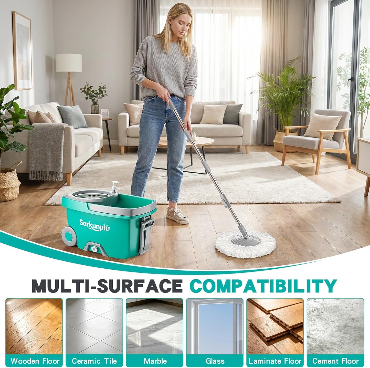 Mop and Bucket Set with Wringer, Spin Mop Floor Cleaning System with 6 Replacement Microfiber Heads & 61" Extra-Long Handle for Home Floor, Blue