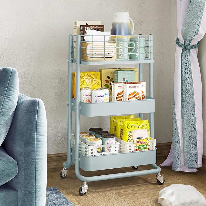 KINGRACK 3 Tier Rolling Cart, Metal Mobile Storage Shelf - Image 5