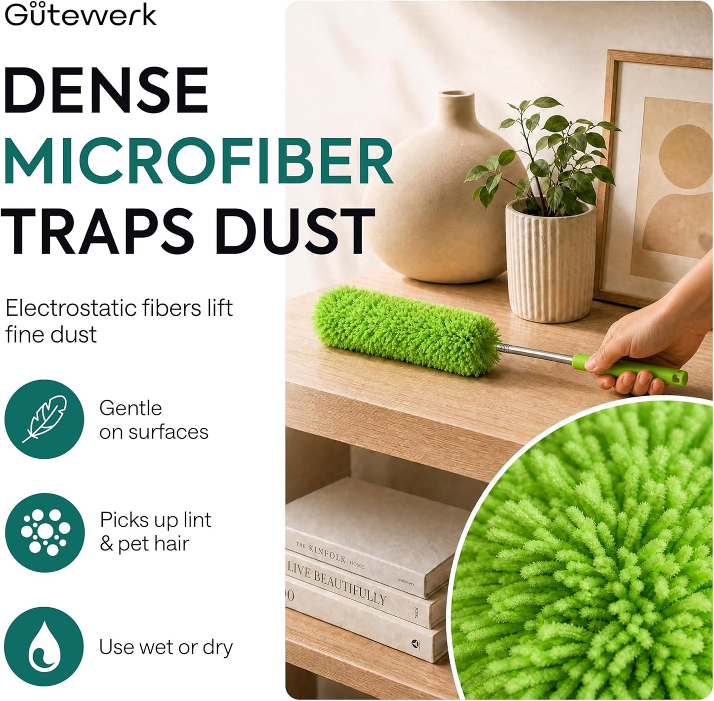 Extendable Microfiber Feather Duster, Feather Dusters for Cleaning, Ceiling Fan Dust and Cobweb Cleaner - Electrostatic Bendable Head - up to 55 Inch
