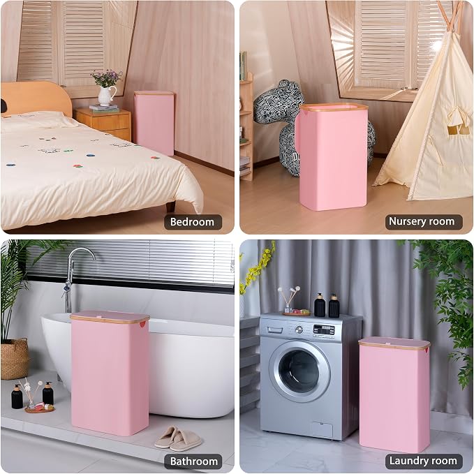 100L Laundry Hamper with Lid, Lagre Basket with Bamboo Handles, Foldable - Image 5
