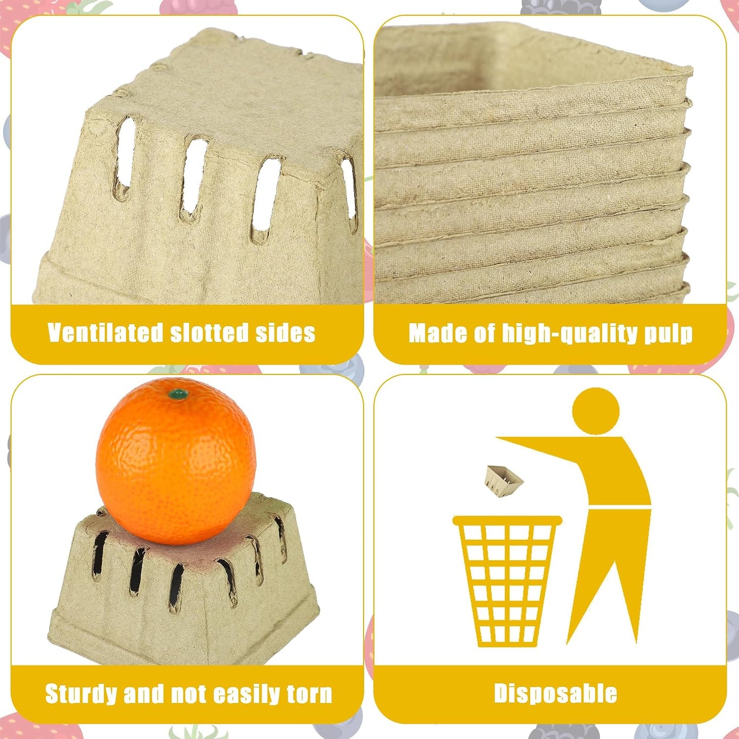 50 Pack Natural Pulp Fiber Berry Basket Small Strawberry Basket Molded Berry Baskets Produce Vented Container for Blueberry Raspberry Egg Vegetable Farmer Market Grocery Store Backyard Party