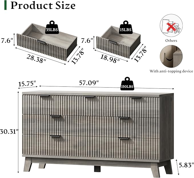 Fluted Dresser with 7 Drawers, Wooden Dresser TV Stand, Wood Closet Clothes - Image 2