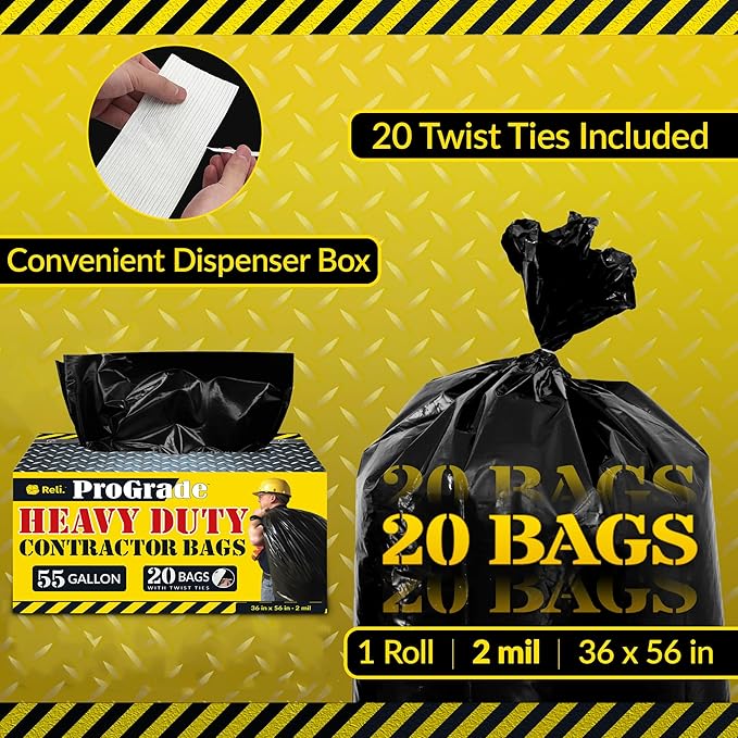 Reli. Contractor Garbage Bags 55 Gallon | 20 Trash Bags | Heavy Duty | Black - Image 2
