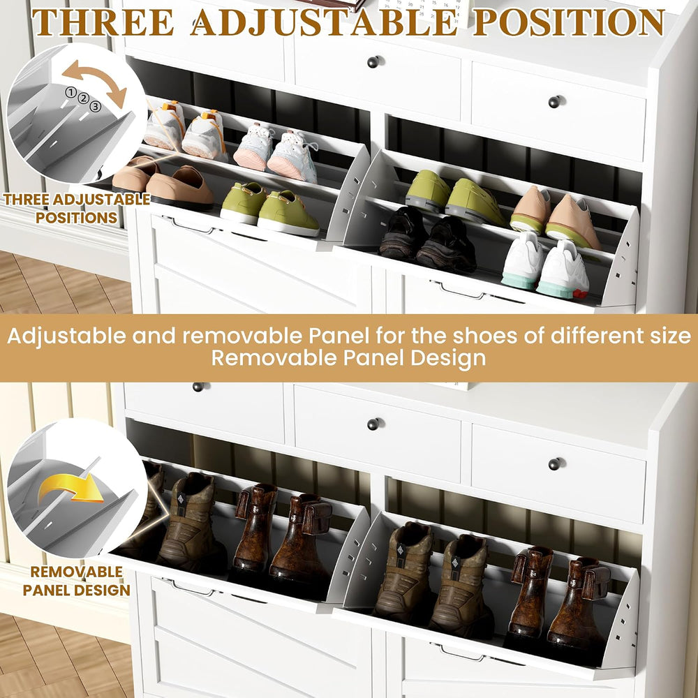 IKIMI White Metal Shoe Storage Cabinet with 4 Flip Drawers & 3 Top Drawers