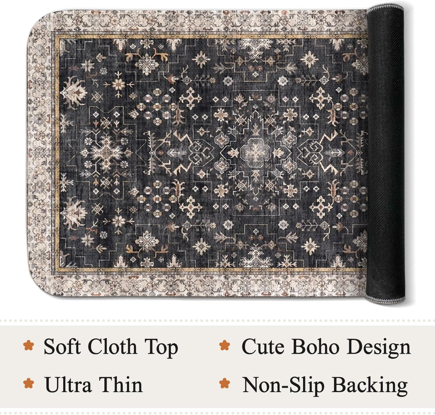 Thin Bath Mats for Bathroom Under Door, Vintage Boho Bathroom Rugs Non Slip with Rubber Backing, Quick Dry Washable Cute Small Bath Rug for Shower, Tub, Sink Floor, Black,1'5"x2'3"