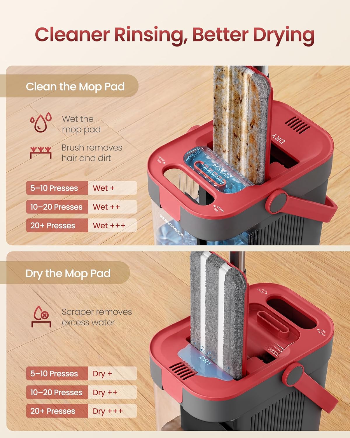 SONGMICS Mop and Bucket Set, Flat Mop with 3-Chamber Clean & Dirty Water Separation System, Wringer Bucket, 360° Rotating Head, 3 Microfiber Pads, Gray and Red ULMB001GT03