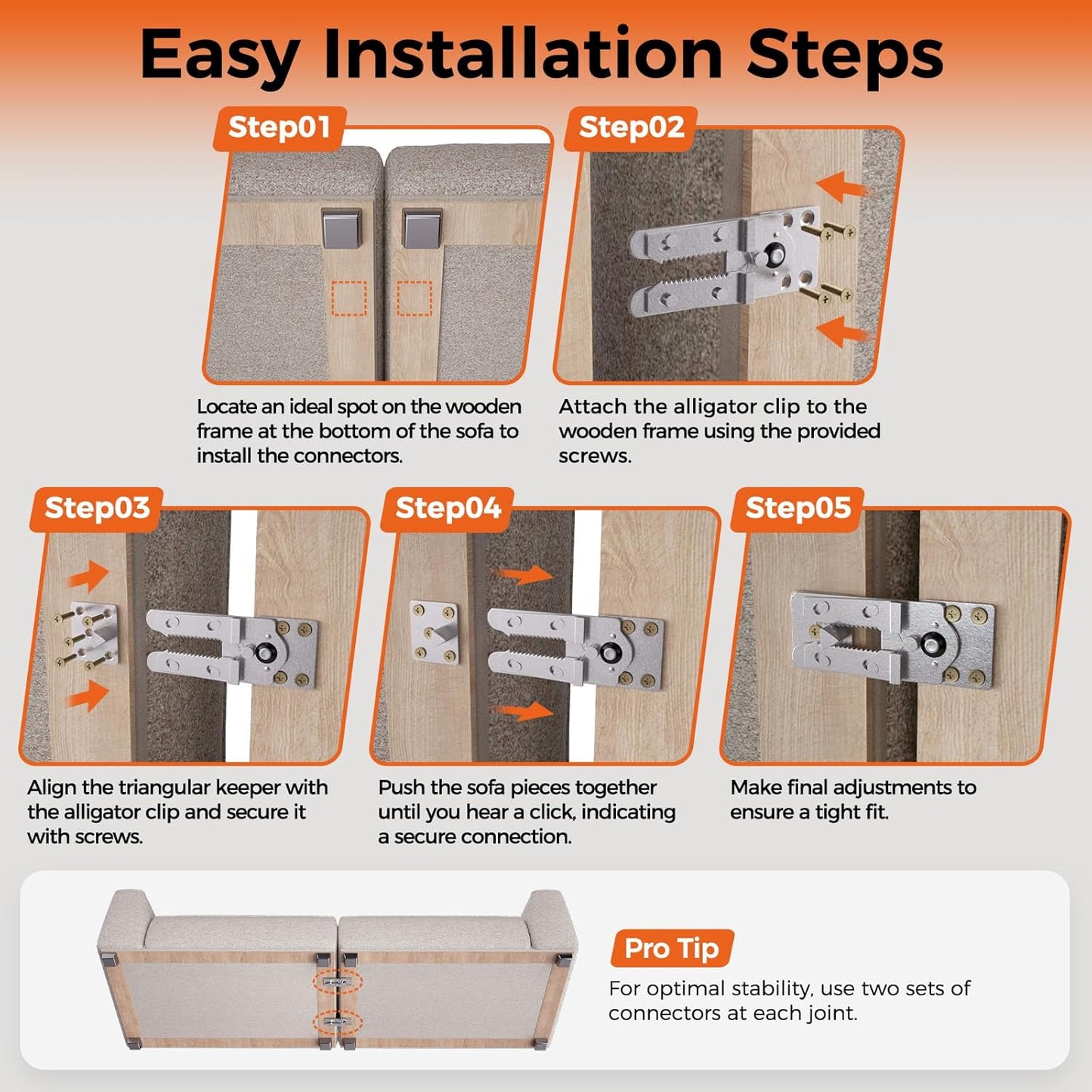 Sectional Couch Connectors, Thickened Interlocking Alligator Couch Connectors to Make Sectional Stay (2 Pack+20 Screws)