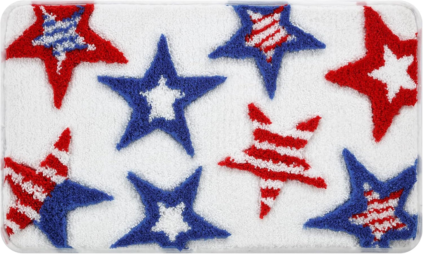 Moutina 3D Red White Blue Stars Bathroom Rugs 17x29 Inch, Soft and Absorbent Tufted 4th of July Rug Non Slip Washable, Patriotic Bathroom Decor Bath Mat Holiday Decorations