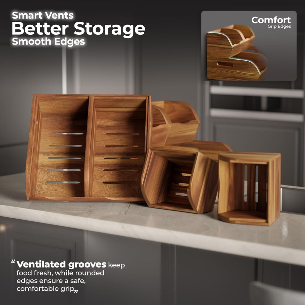 Acacia Wood Pantry Storage Bins - Stackable Open Front Kitchen Baskets