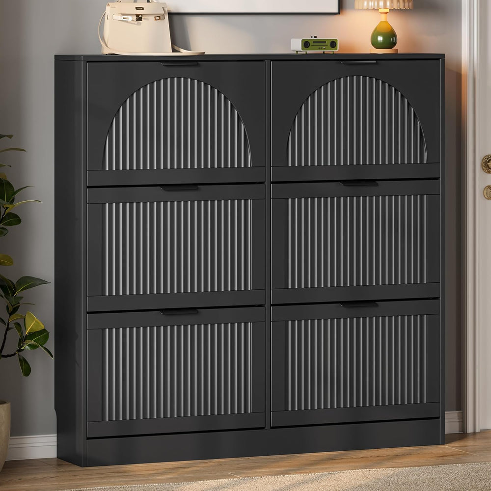 Xixini Fluted Shoe Storage Cabinet for Entryway with 6 Flip Drawers, Black