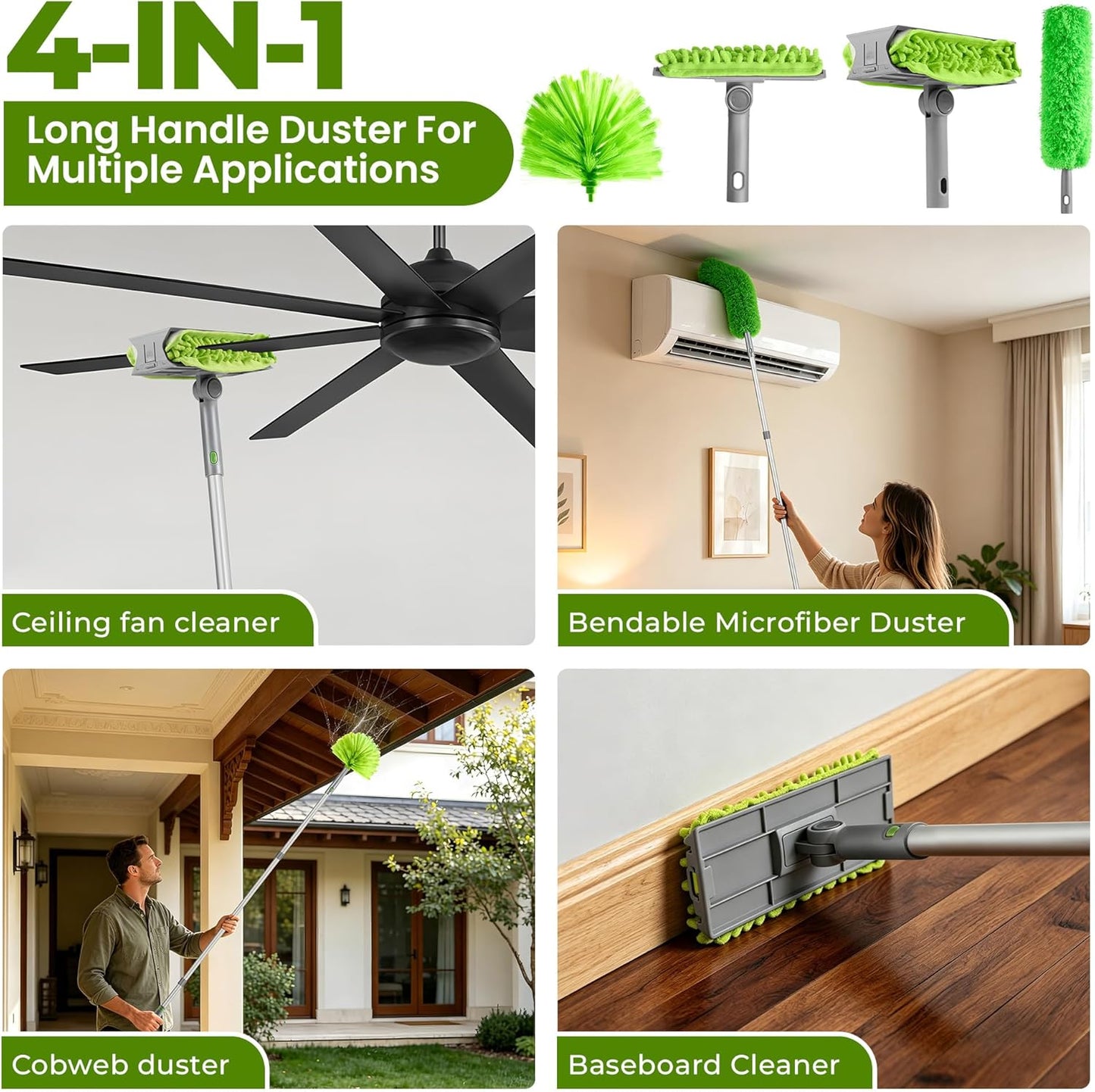 Ceiling Fan Cleaner Duster with 77" Extension Pole, 4-in-1 Reusable Microfiber & Chenille Fan Blade Cleaner, Bendable Fan Duster for Ceiling Fan Blade Blinds Baseboard Cobweb