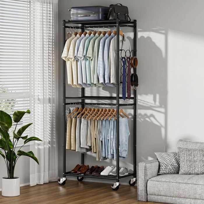 Aduanbang Heavy Duty Rolling Clothes Rack, 3 Tier Wire Shelving, Metal Garment Rack with Double Rods and Side Hooks, Freestanding Portable Closet for Hanging Clothes