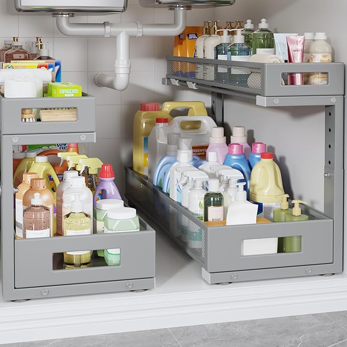 2 Pack 20.47IN Depth Under Sink Storage Organizer, Large 2-Tier Elegant Mesh by UnderSinkOrganizer