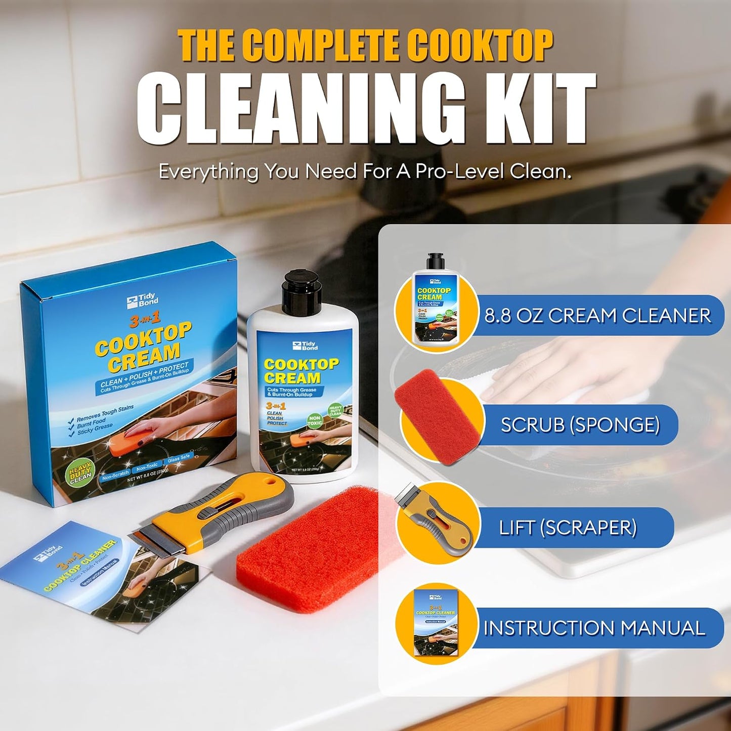 Glass Cooktop Cleaner & Polish Kit, Removes Burnt-On Food & Grease, 8.8 oz | Heavy Duty, Non-Scratch Stove Top Cleaner with Scraper & Scrubbing Pad, Safe for Induction, Electric & Ceramic Cooktops