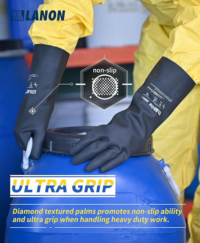 LANON Rubber Chemical Resistant Gloves, Reusable Heavy-duty Safety Work Gloves - Image 3