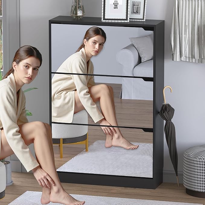 Shoe Cabinet with 3-Flip Mirror Drawers, Freestanding Shoe Rack Organizer with - Image 3