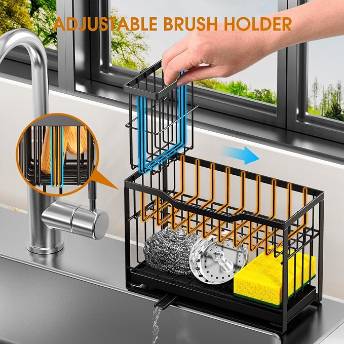 2-Tier Kitchen Sink Caddy with High Brush Holder&Self-Draining Tray, - Image 4