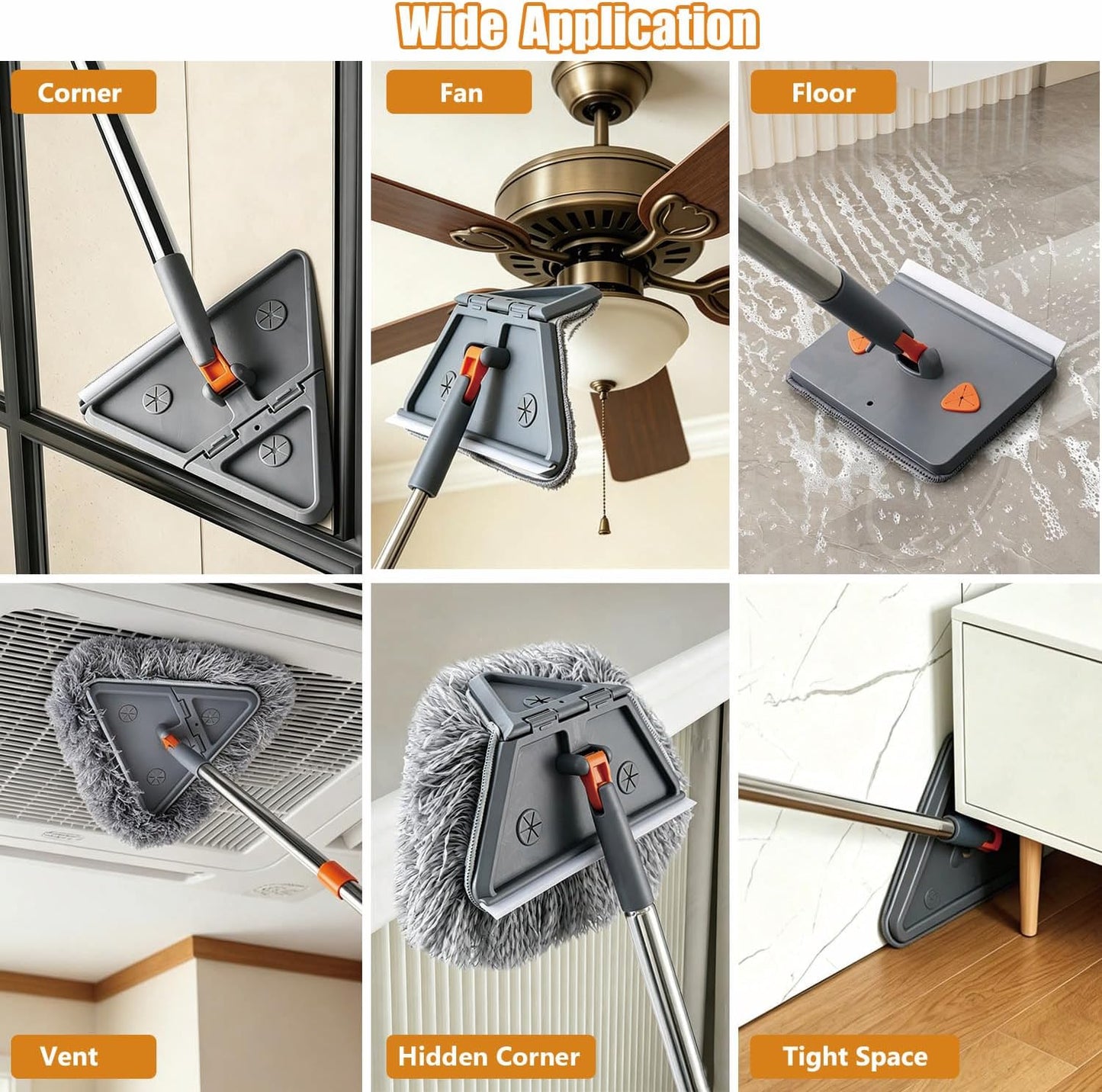 Upgraded Wall Cleaner Mop & Baseboard Cleaning Tool with 98" Long Handle, Duster Mop for Painted Wall, Ceilings, Windows, Floor, 2-in-1 Triangle & Rectangle Head with Squeegee, 10 Washable Pads