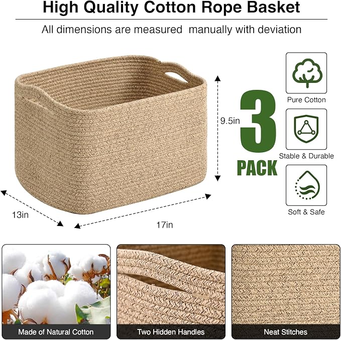 Large Storage Baskets for Organizing Shelves, Woven Cotton Rope Bins for Baby