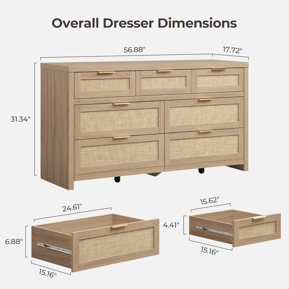 SICOTAS 7 Drawer Rattan Dresser for Bedroom, 57" Wide Dresser